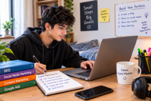 Digital marketing fresher working remotely on SEO and content marketing